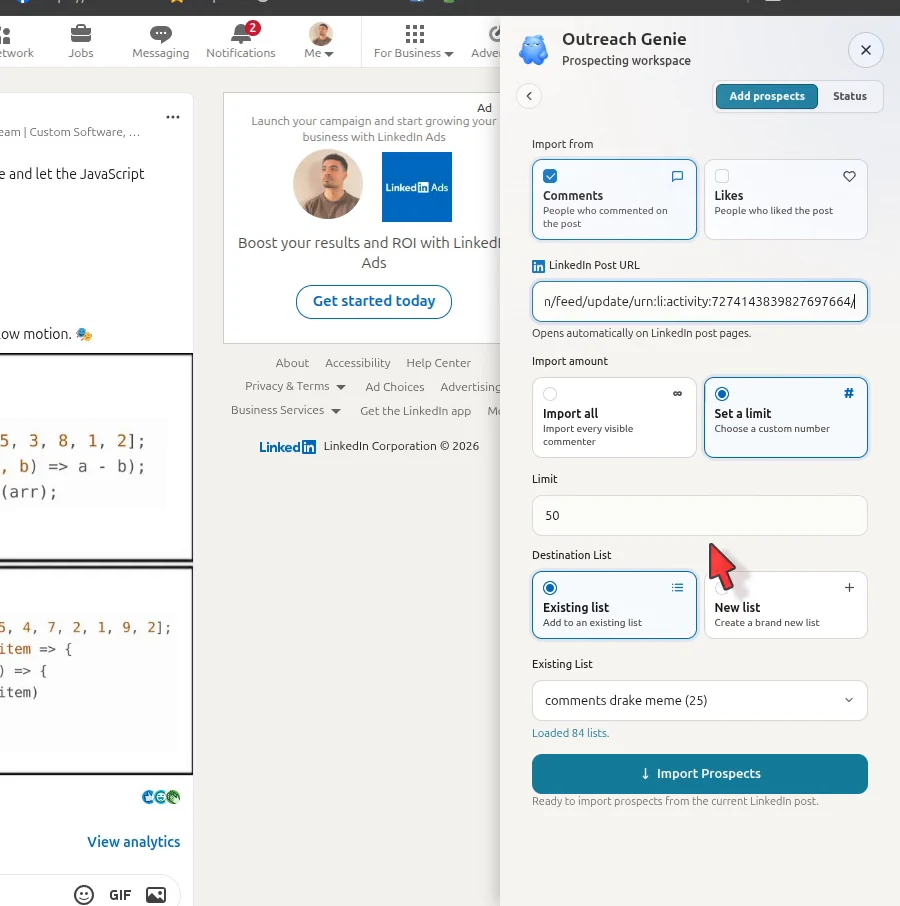 OutreachGenie source selector for LinkedIn post comments and reactions