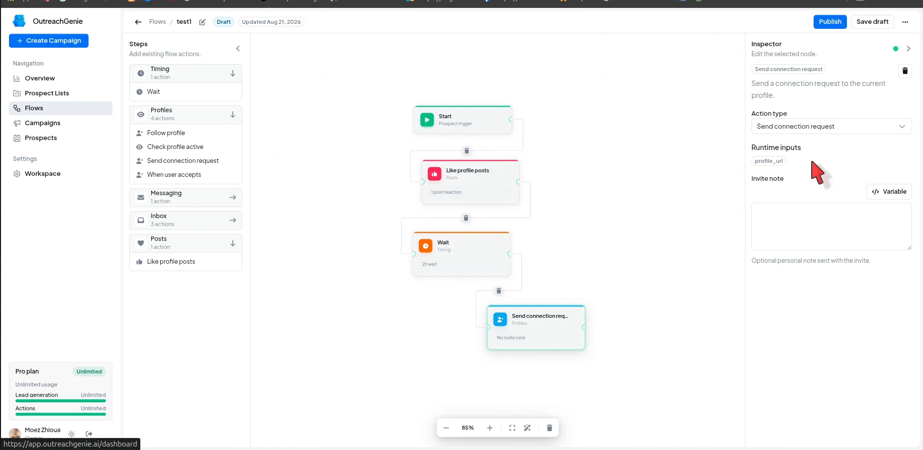 Send connection request action added to an OutreachGenie flow