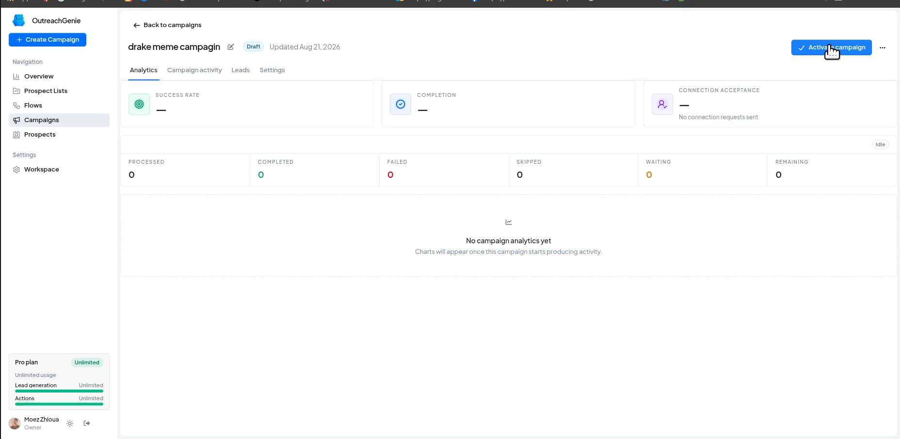 OutreachGenie campaign activation screen after audience and flow review