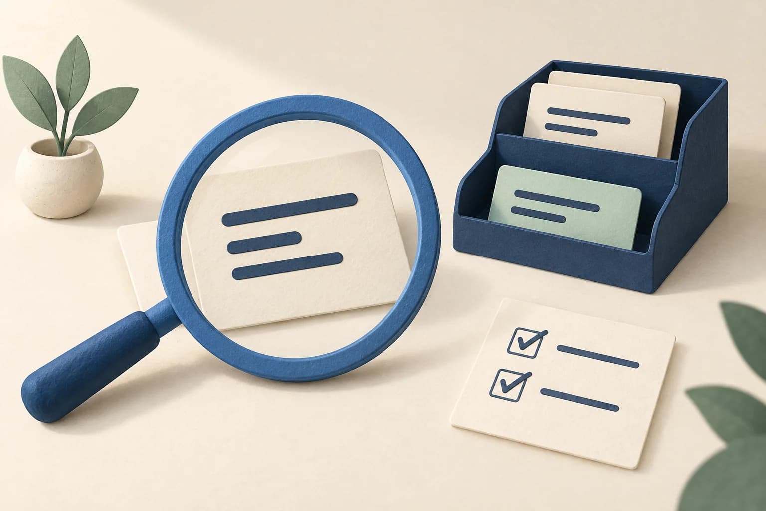 A magnifying glass over a paper message beside a sorted inbox tray and a small checklist, illustrating an outreach troubleshooting review
