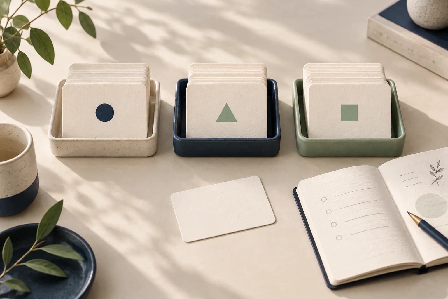 Prospect cards arranged into three purposeful groups, with one unassigned card beside a notebook, illustrating segmentation without forcing every contact into a category