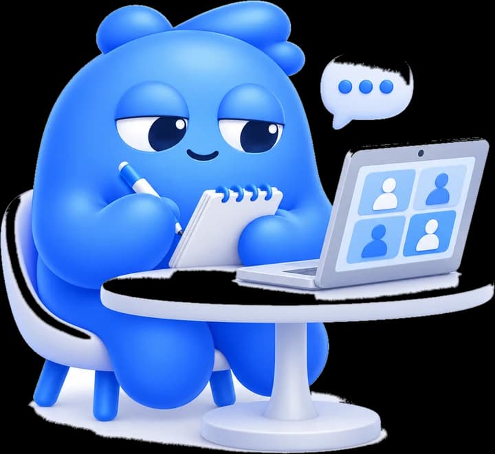 The mascot taking notes on a video call