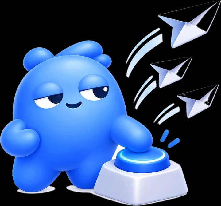 The mascot pressing the launch button as messages fly out
