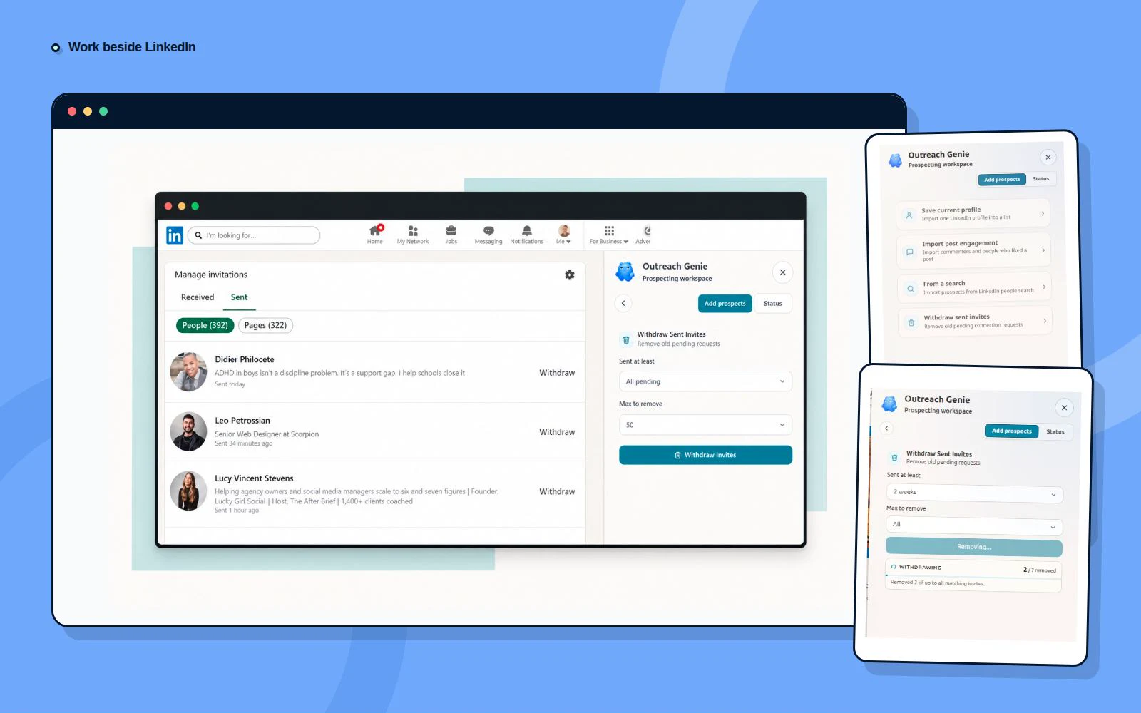 OutreachGenie extension sidebar showing invitation and prospect tools