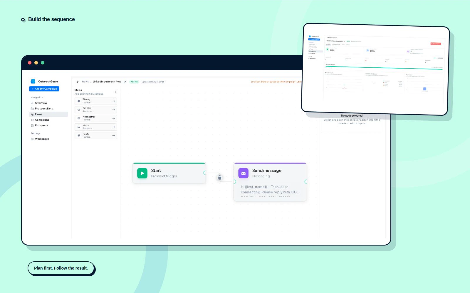 OutreachGenie flow builder with LinkedIn actions and conditions