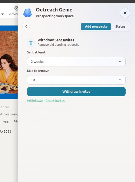 Close view of the OutreachGenie invitation withdrawal panel