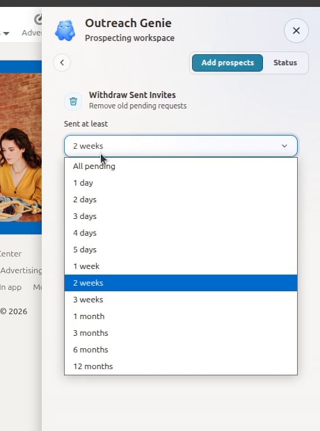 OutreachGenie Sent at least menu with invitation-age choices from one day to twelve months