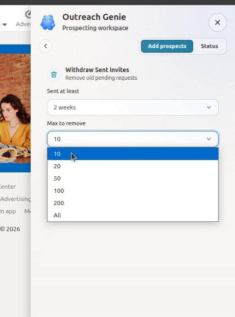 OutreachGenie Max to remove menu with batch sizes of 10, 20, 50, 100, 200, and All