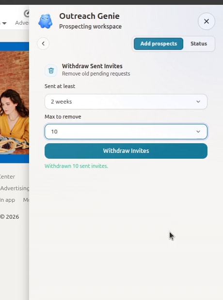 Close view of the Withdraw Invites button and the ten-invitation summary