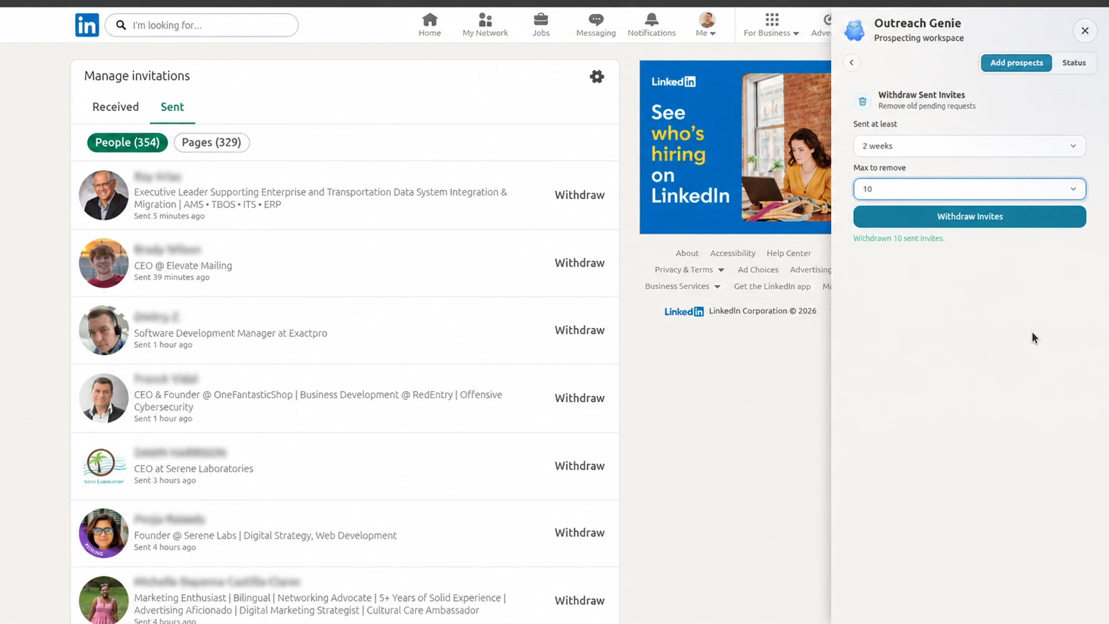 LinkedIn Sent invitations beside OutreachGenie with a two-week age filter and a ten-invitation removal limit