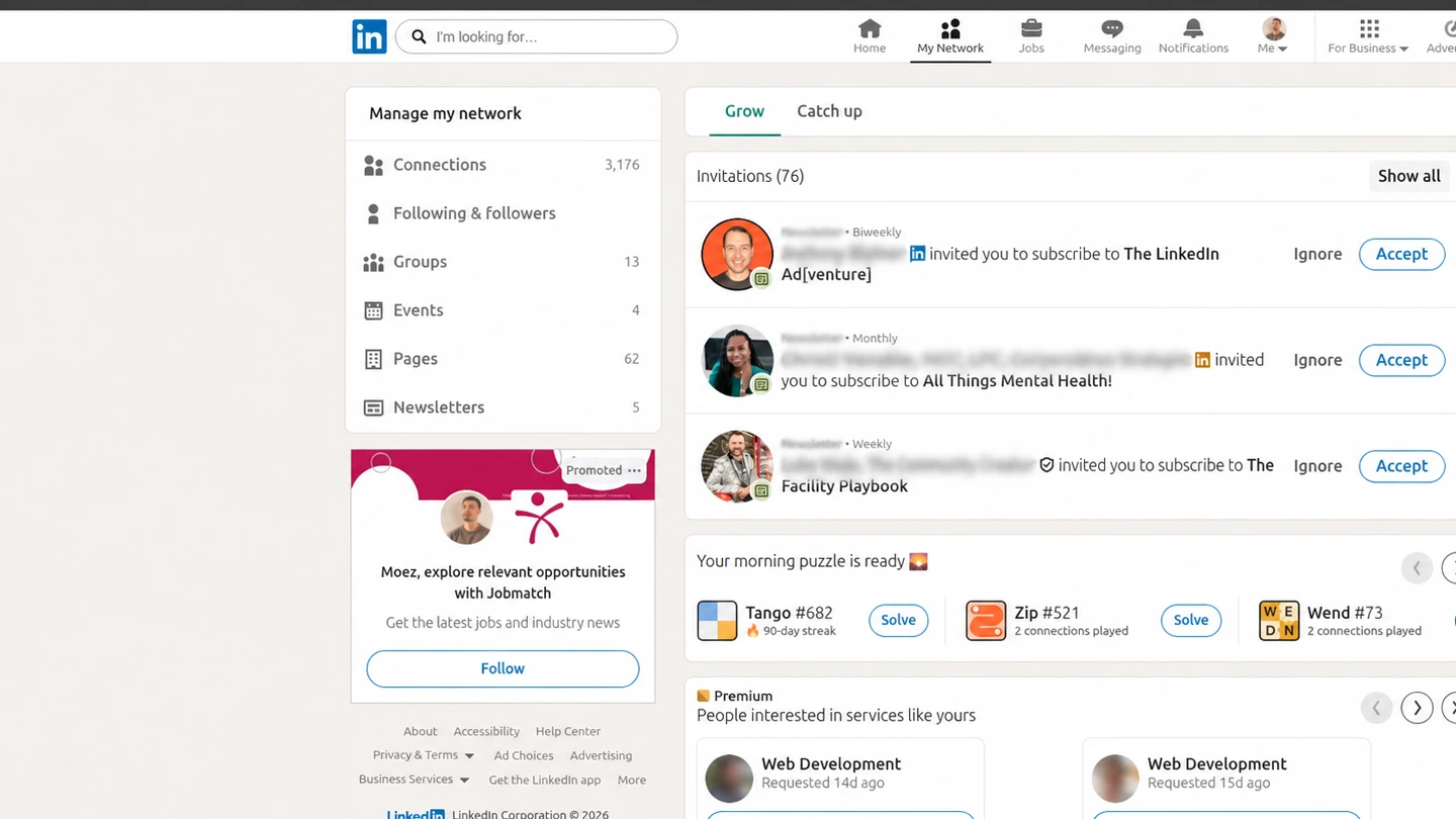 LinkedIn My Network page with Show all highlighted in the Invitations panel