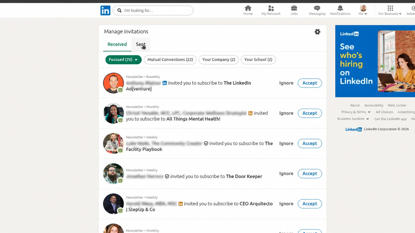 LinkedIn Manage invitations page with the Sent tab highlighted