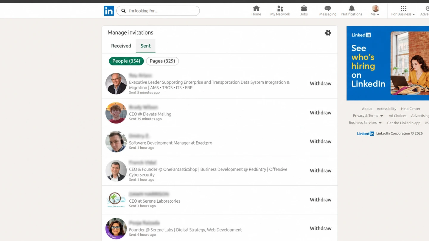 LinkedIn Sent invitations page showing the People and Pages filters