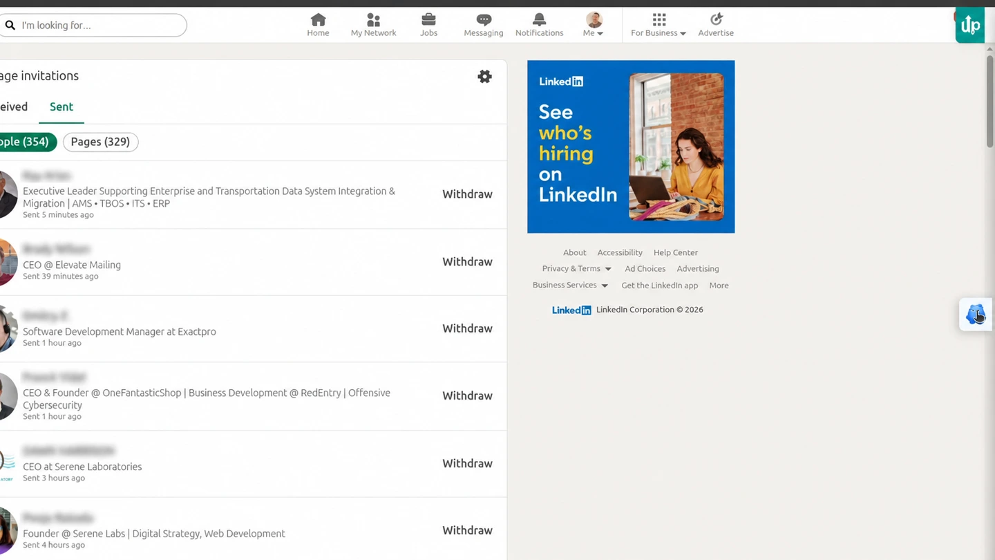 OutreachGenie extension button on the right side of LinkedIn's Sent invitations page