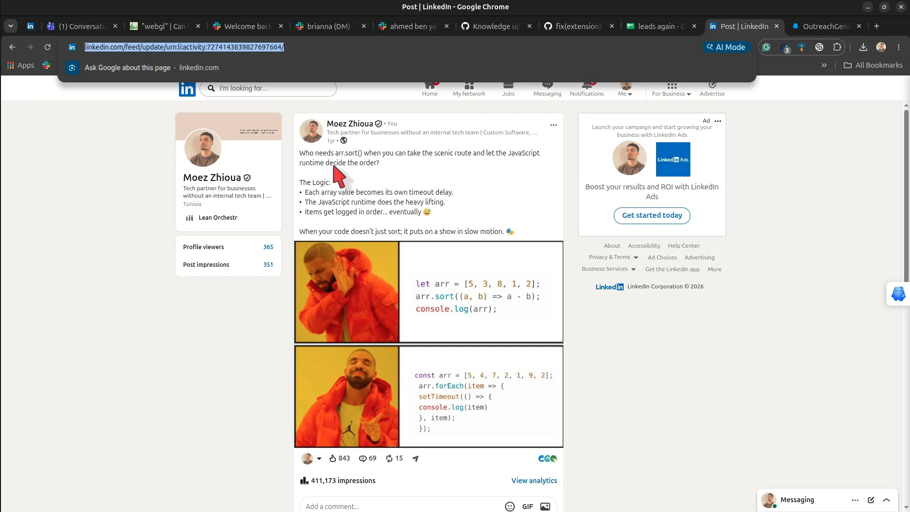 LinkedIn post page with the individual post URL selected in the browser address bar