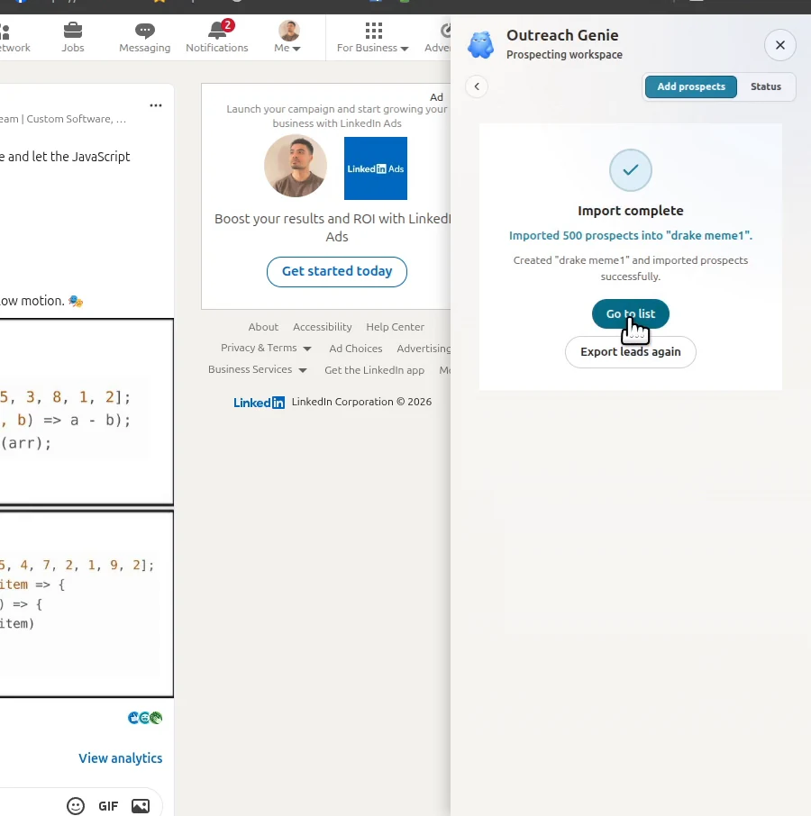OutreachGenie Import complete screen showing 500 imported prospects and a Go to list button