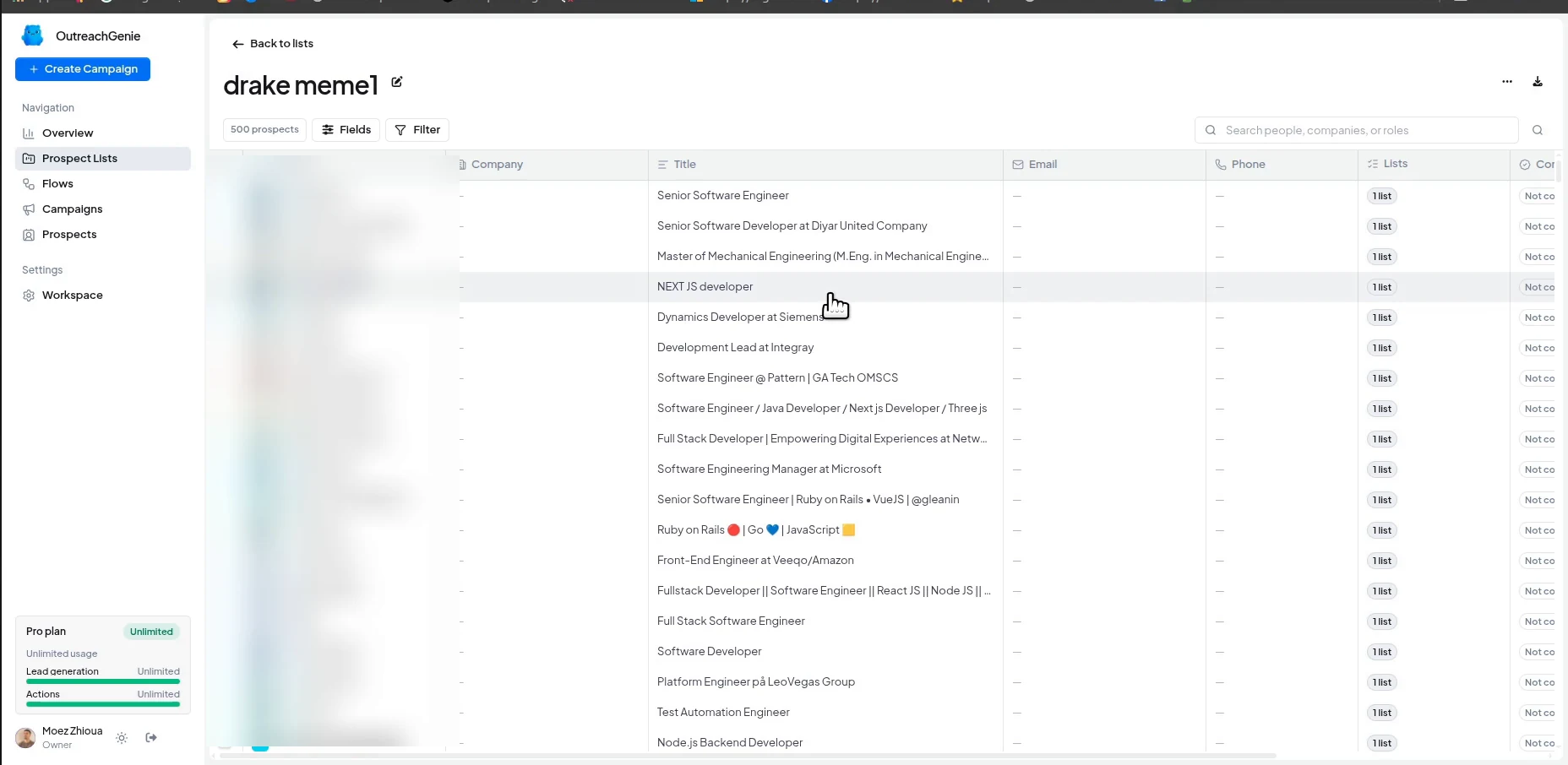 OutreachGenie prospect list containing 500 imported profiles with names blurred for privacy