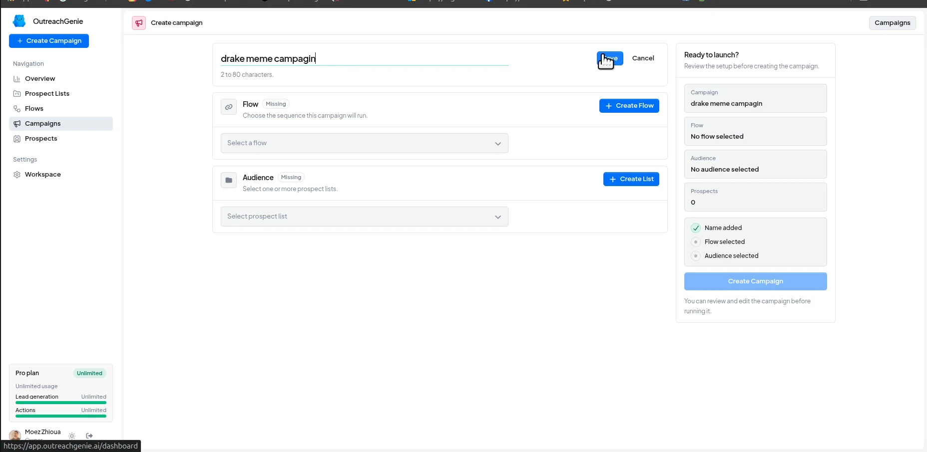 OutreachGenie campaign setup with a campaign name and empty flow and audience fields