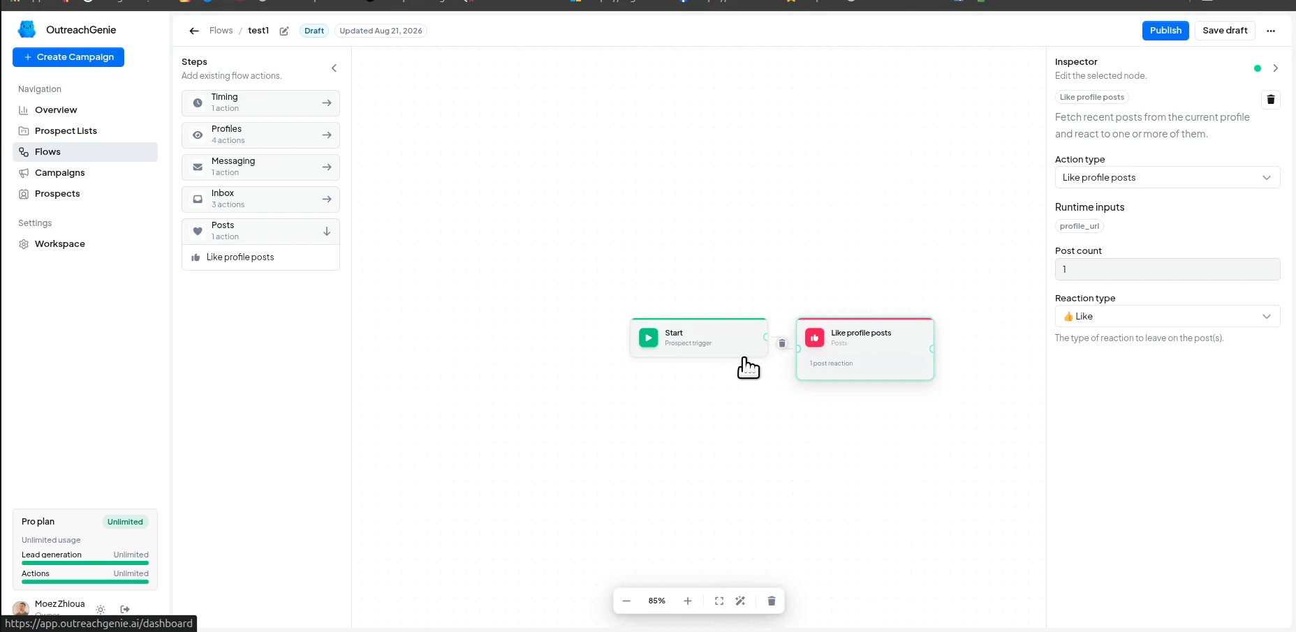 OutreachGenie flow editor with a Like profile posts action connected after Start