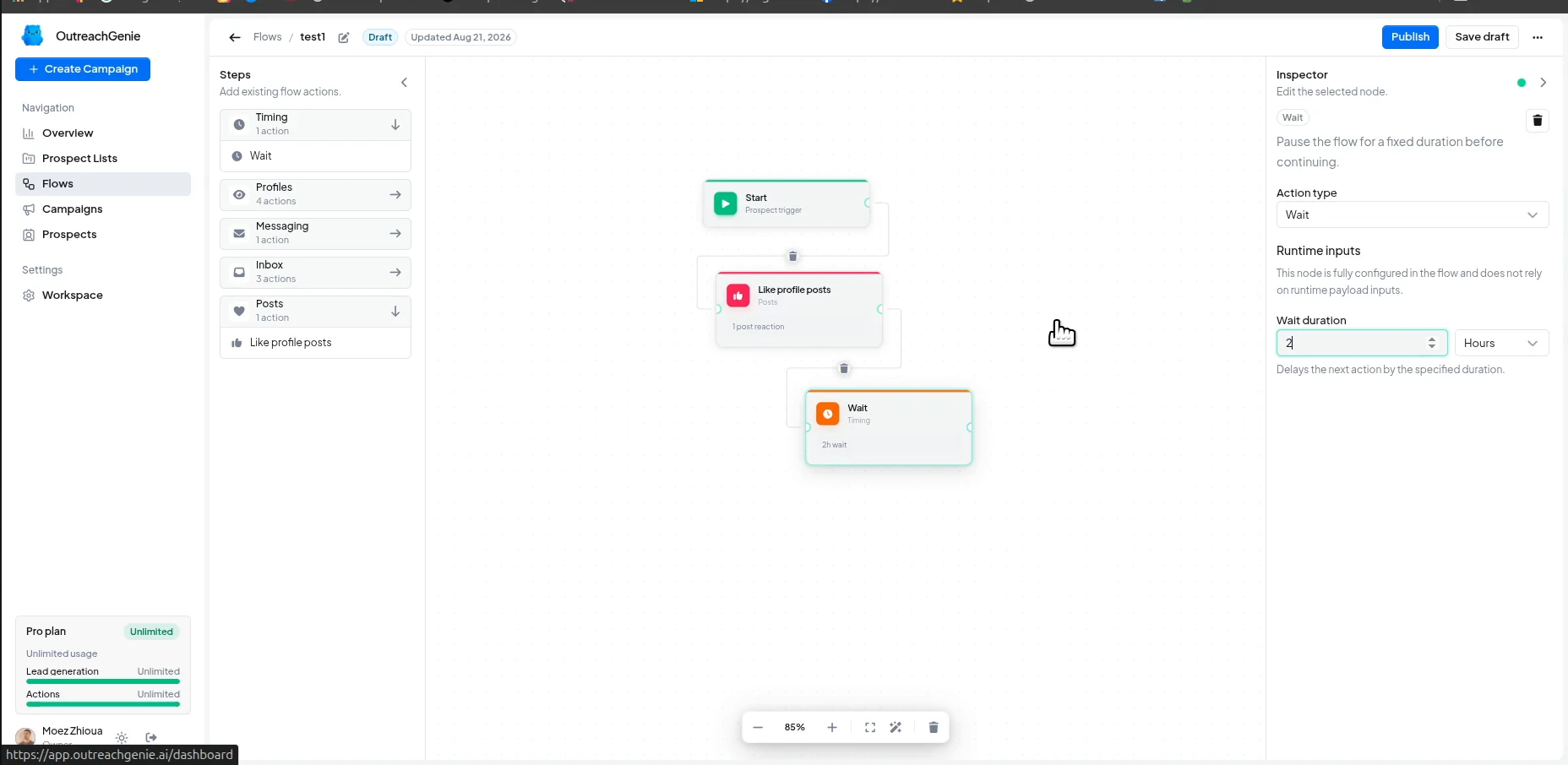 OutreachGenie flow editor with a two-hour Wait step after the profile post reaction