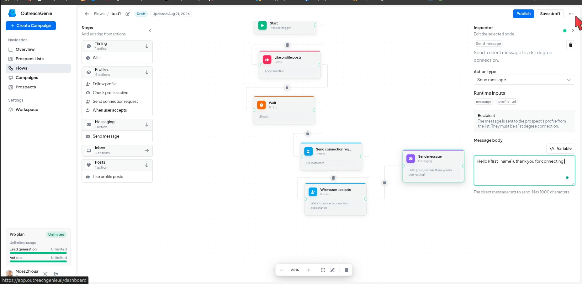 OutreachGenie flow showing a post reaction, wait, connection request, acceptance check, and personalized message