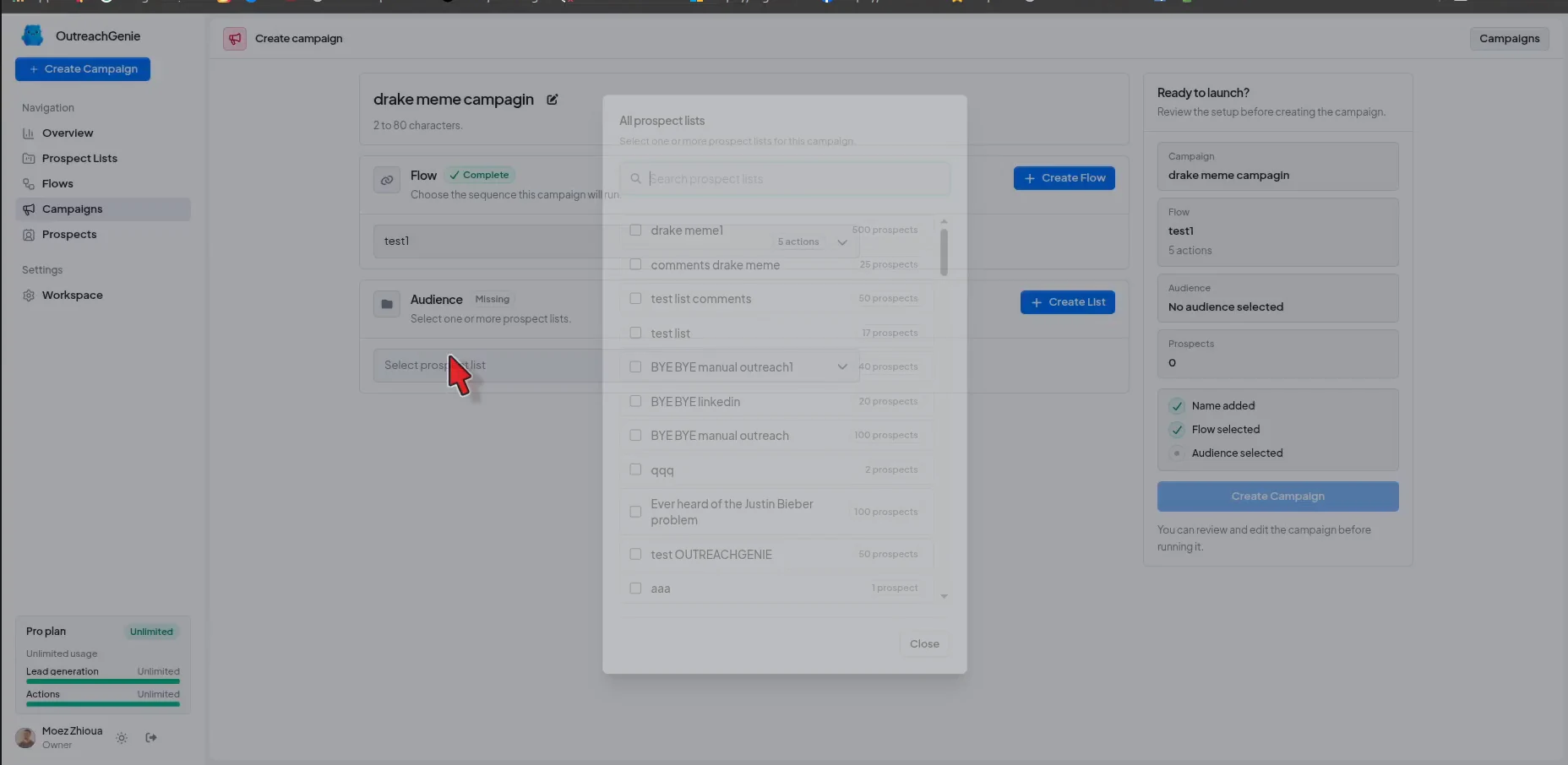 OutreachGenie campaign audience dialog listing available prospect lists