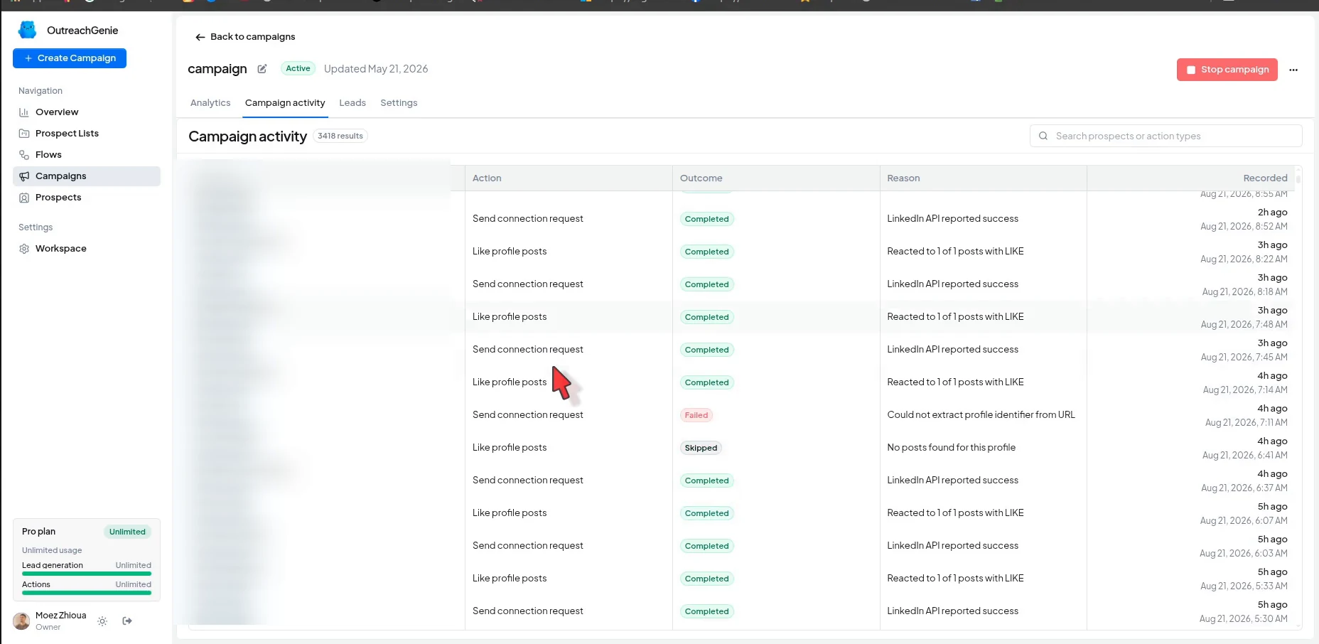 OutreachGenie campaign activity table with prospect names blurred and completed, failed, and skipped outcomes visible