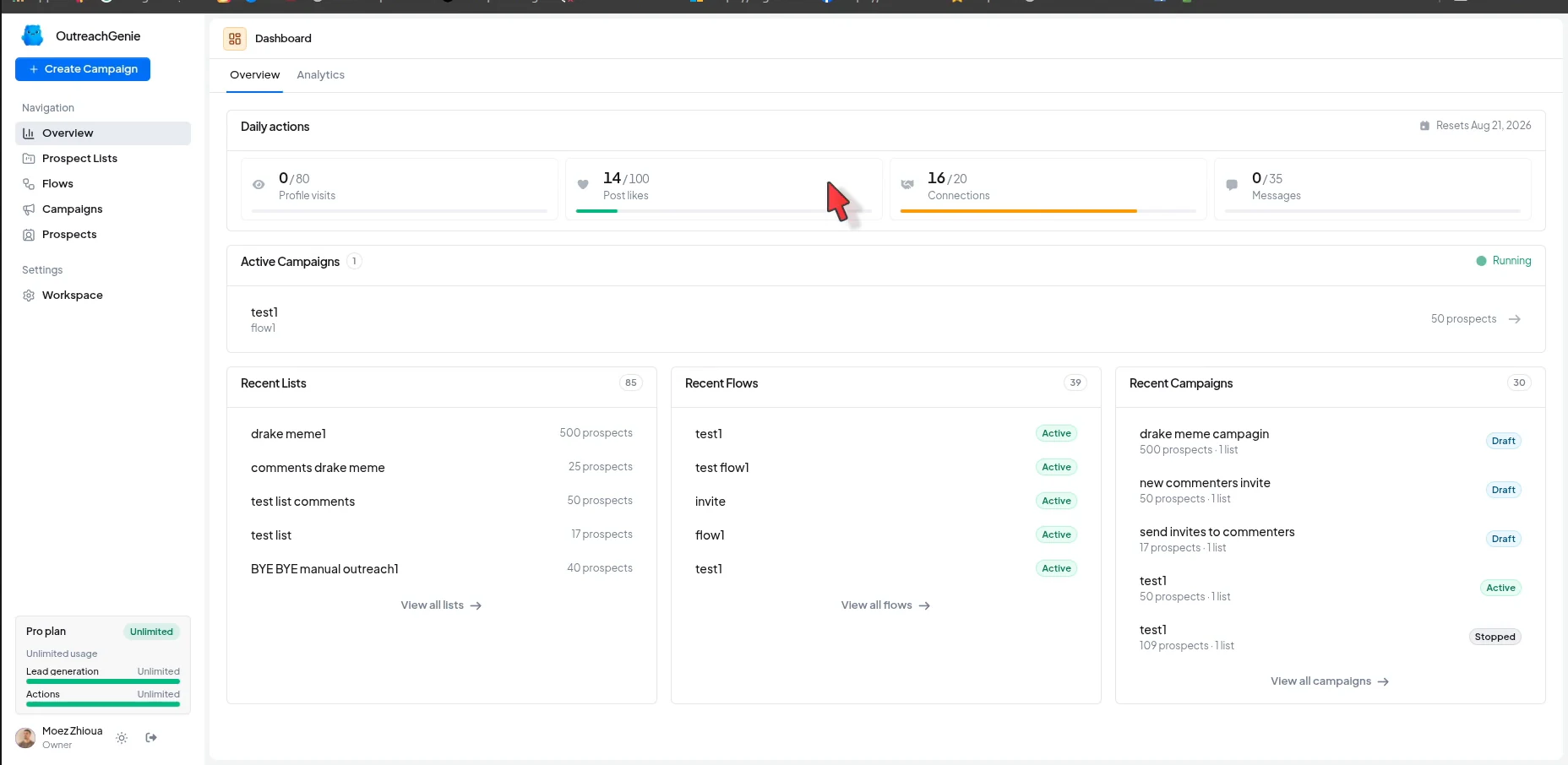 OutreachGenie dashboard with daily action usage and recent lists, flows, and campaigns