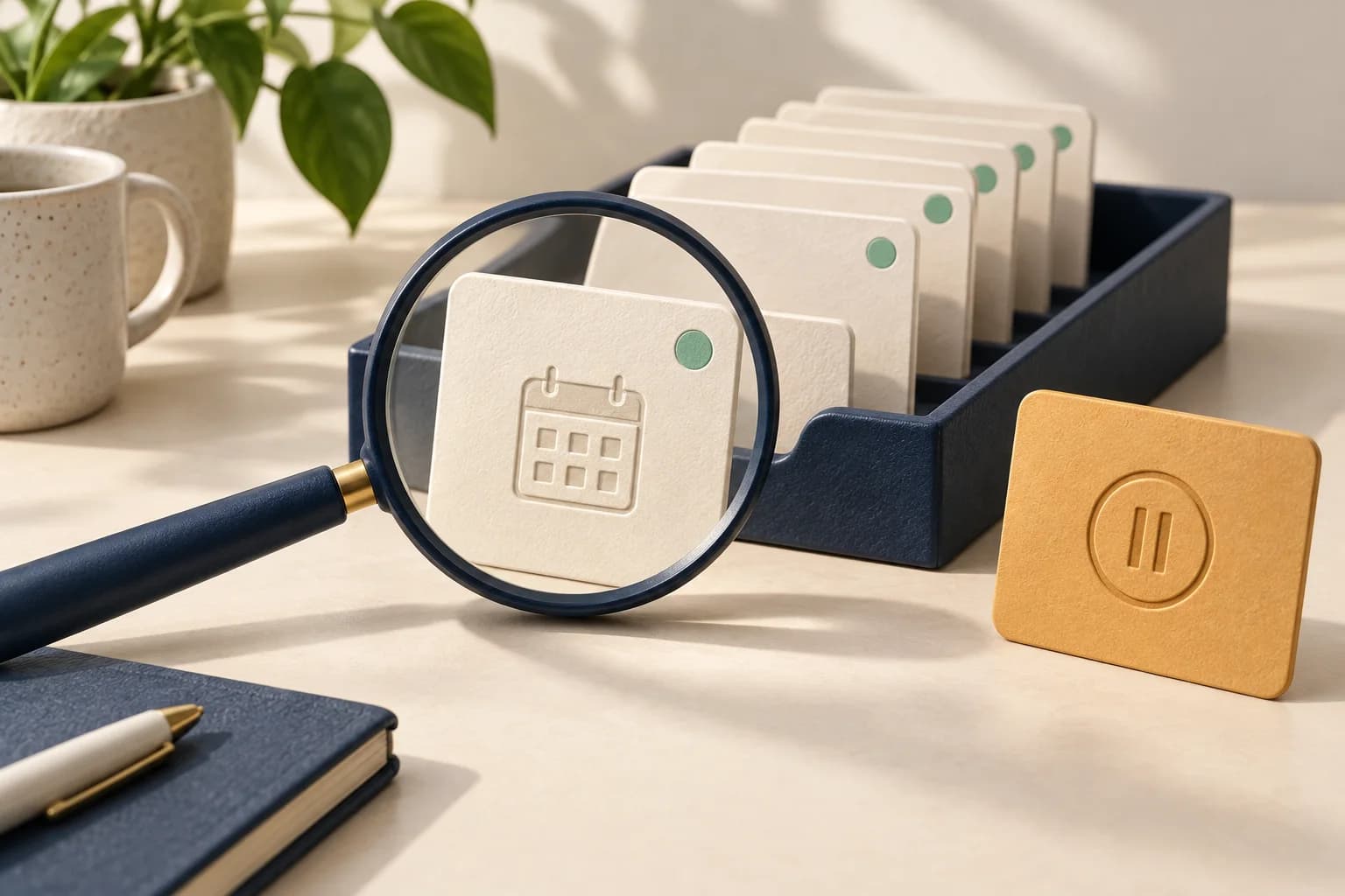 A magnifying glass over a calendar-marked evidence card beside an ordered prospect review tray, with a separate amber pause card