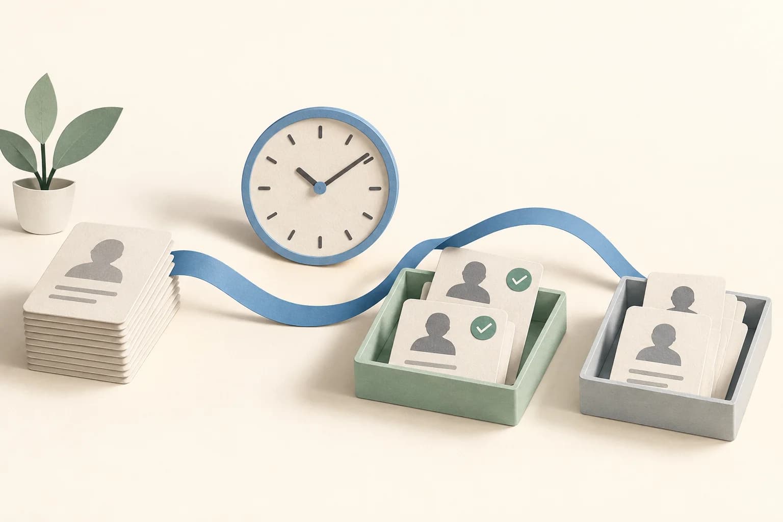 A fixed group of paper invitation cards beside a clock and separate accepted and pending trays, illustrating time-based invitation measurement