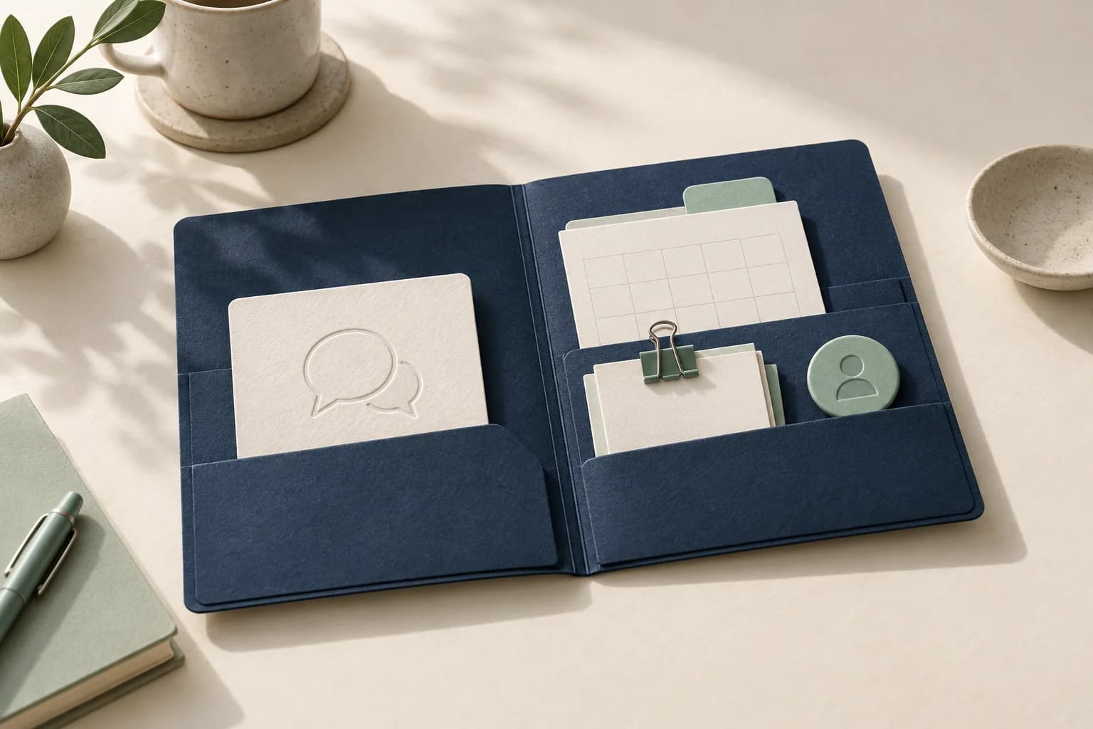 A central prospect folder bringing together a conversation note, a calendar card and an ownership marker on an ivory desk