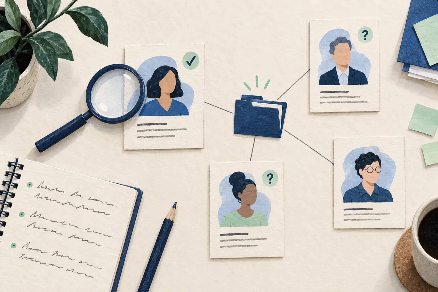 Illustrated professional profile cards connected around a project folder, with a research notebook and unconfirmed roles marked by question marks