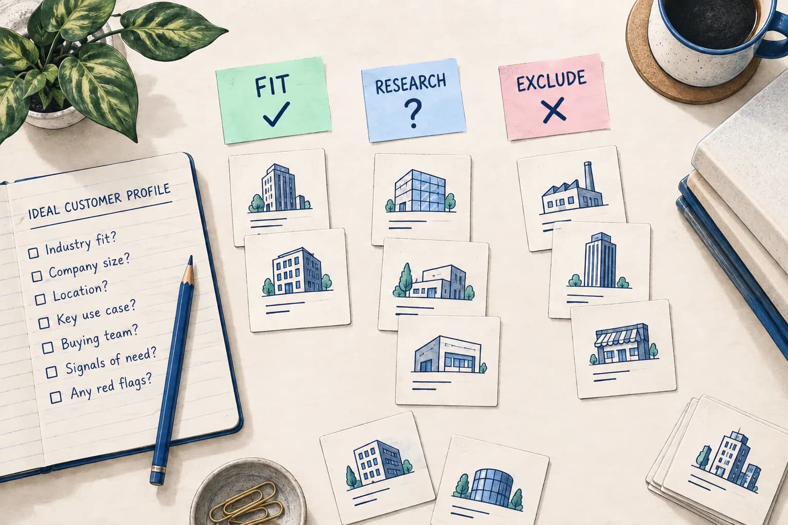 Illustrated account cards sorted into fit, research, and exclude groups beside an evidence worksheet