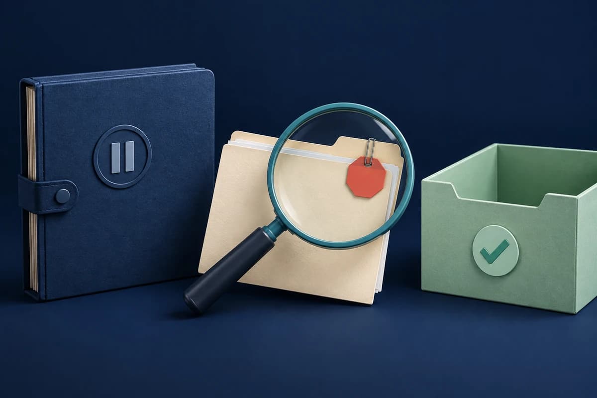 A paused campaign portfolio and a prospect folder with a retained restriction tag are inspected before entering the receiving file box
