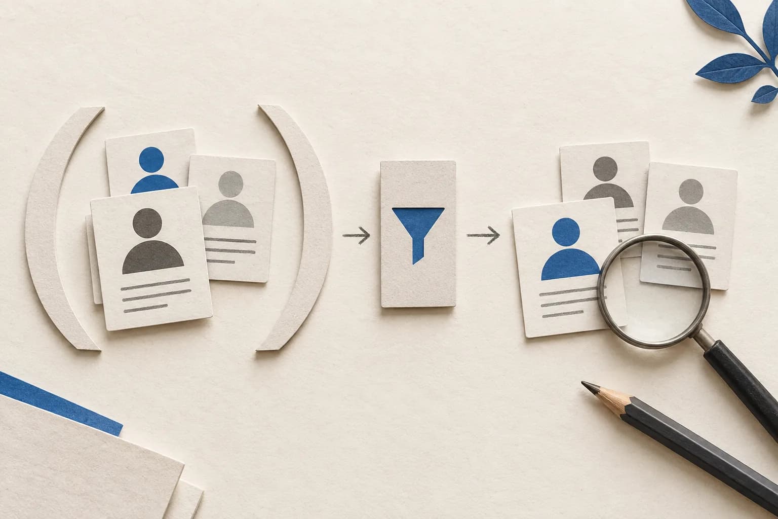Paper profile cards sorted through grouped search criteria on a research desk, with a magnifying glass and pencil