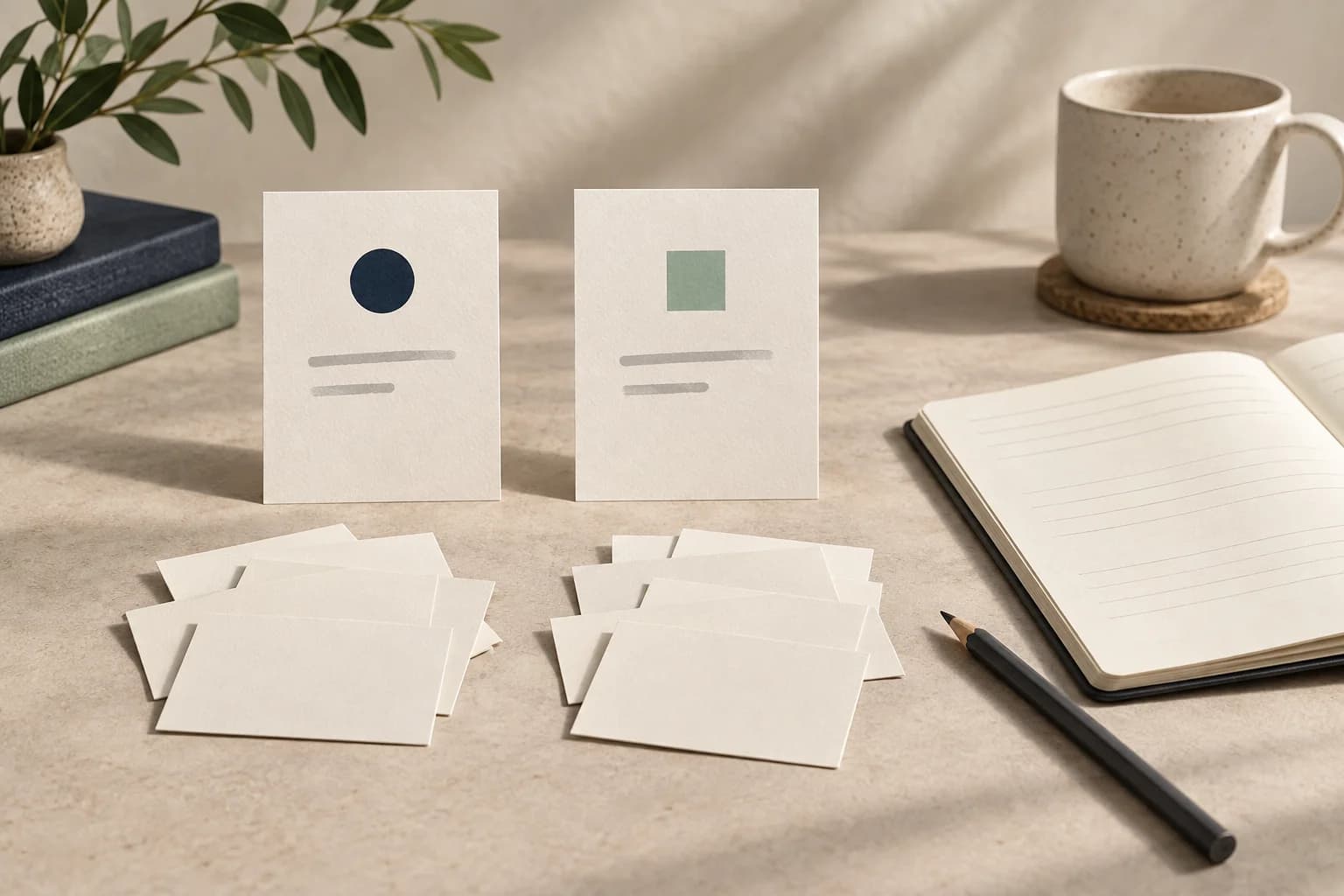 Two differently marked message cards beside randomly divided prospect cards and an open experiment notebook, illustrating a controlled outreach comparison
