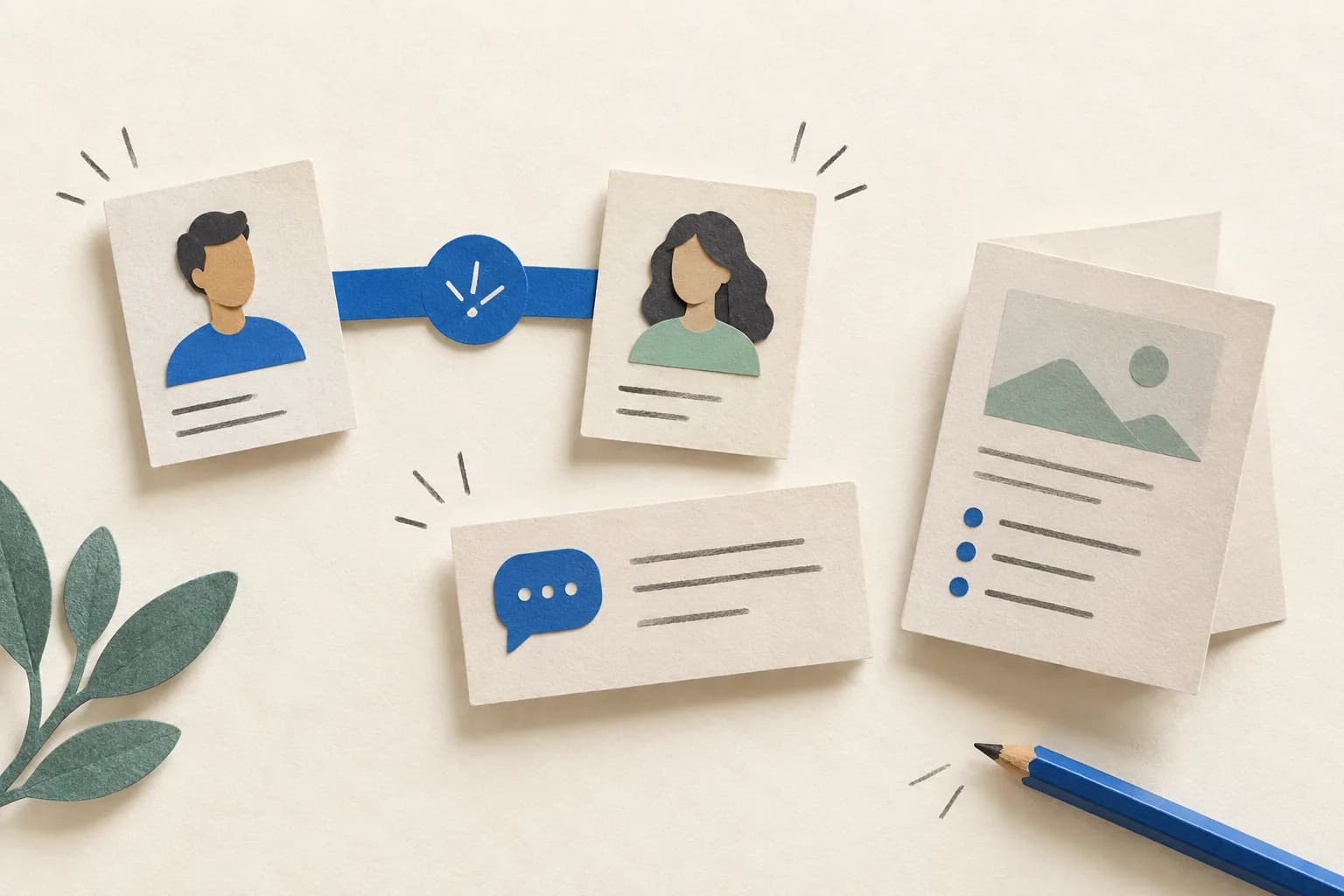 Two connected paper profile cards beside a small message card and a folded resource sheet, illustrating a relevant first exchange