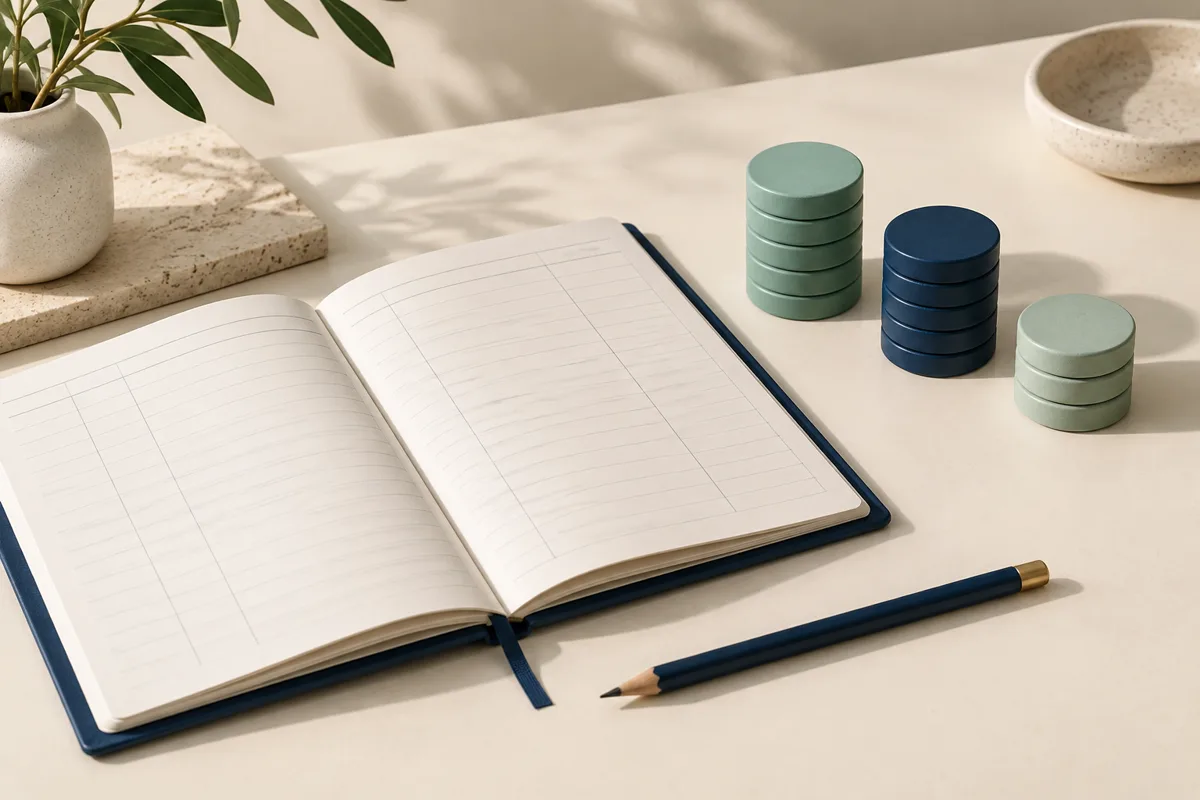 A navy ledger beside three stacks of mint and navy tokens, separating revenue, delivery costs and outreach costs