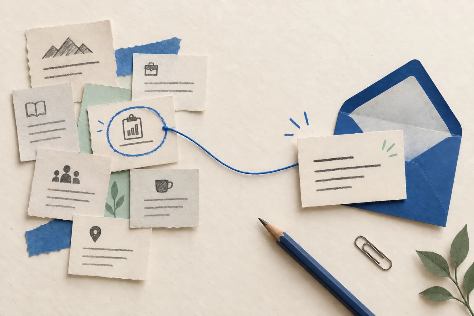One relevant detail selected from paper research notes and connected to a concise message card beside an open envelope