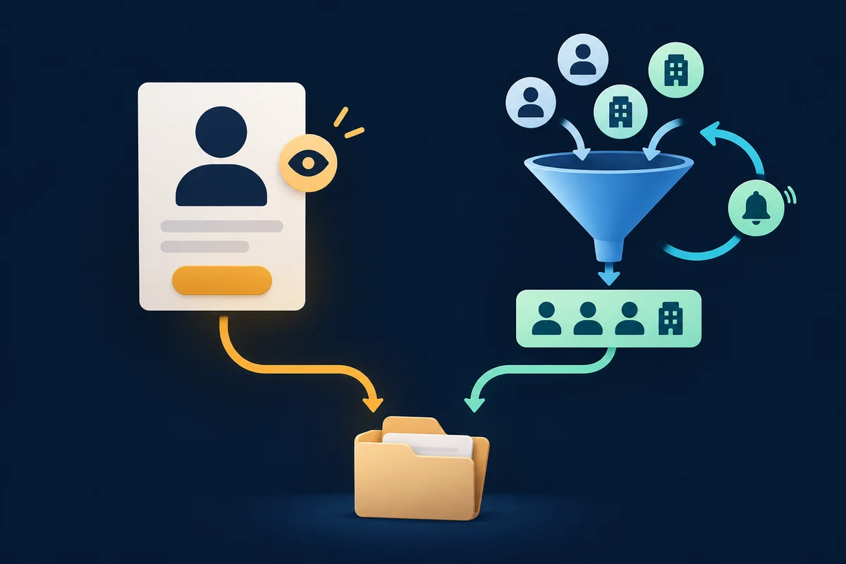 Profile visibility and contact options beside filtered, monitored people and companies, both supporting an agency prospecting brief