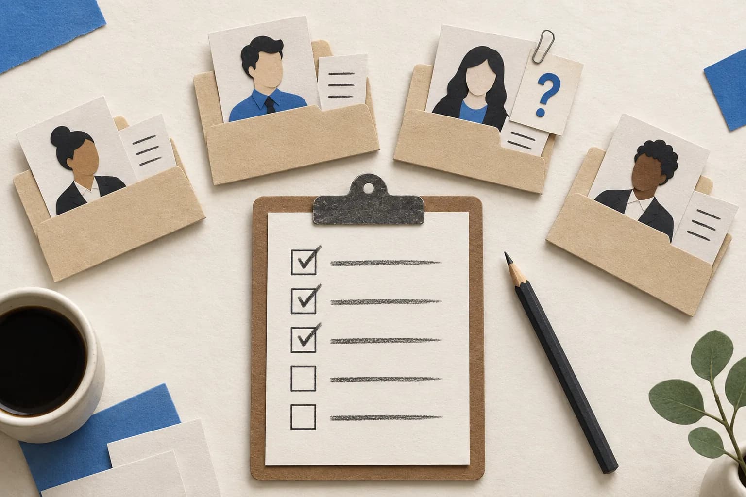 A research checklist beside four paper prospect folders, with a pencil, source notes and an unresolved question card
