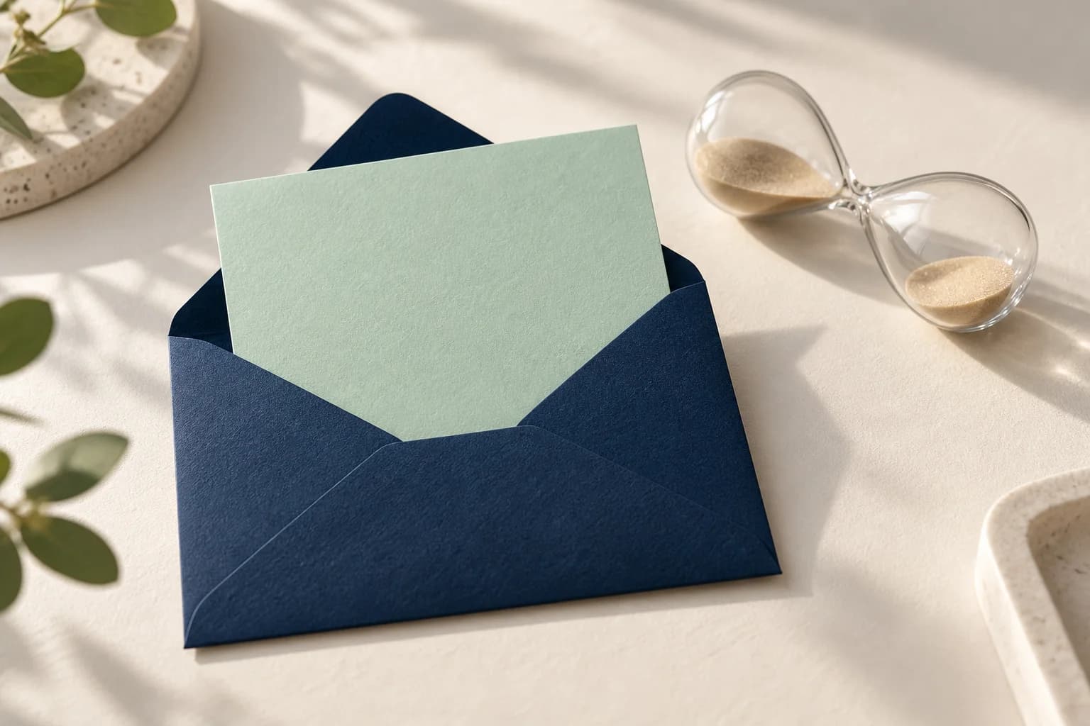 An open navy envelope with a fresh mint insert beside a resting hourglass on an ivory desk
