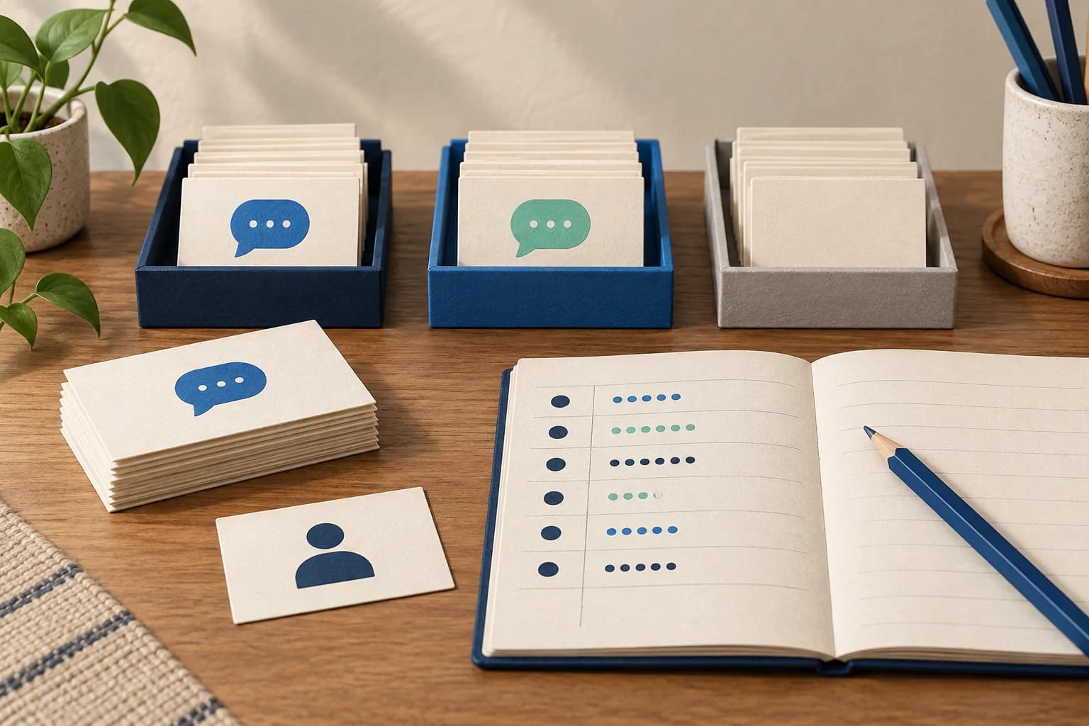 Individual paper conversation cards sorted into groups beside a simple counting ledger, illustrating the difference between people and message totals