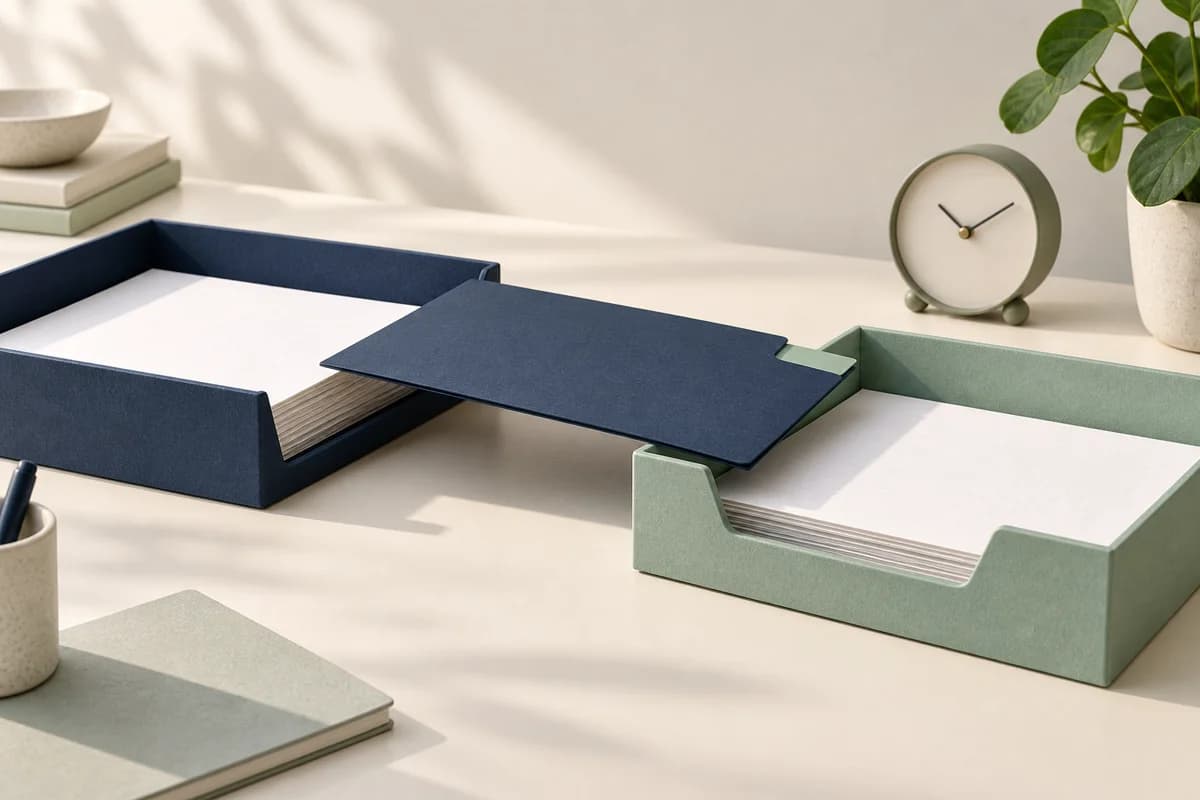 A navy folder passed between two work trays, with a mint acknowledgement tab and a small clock