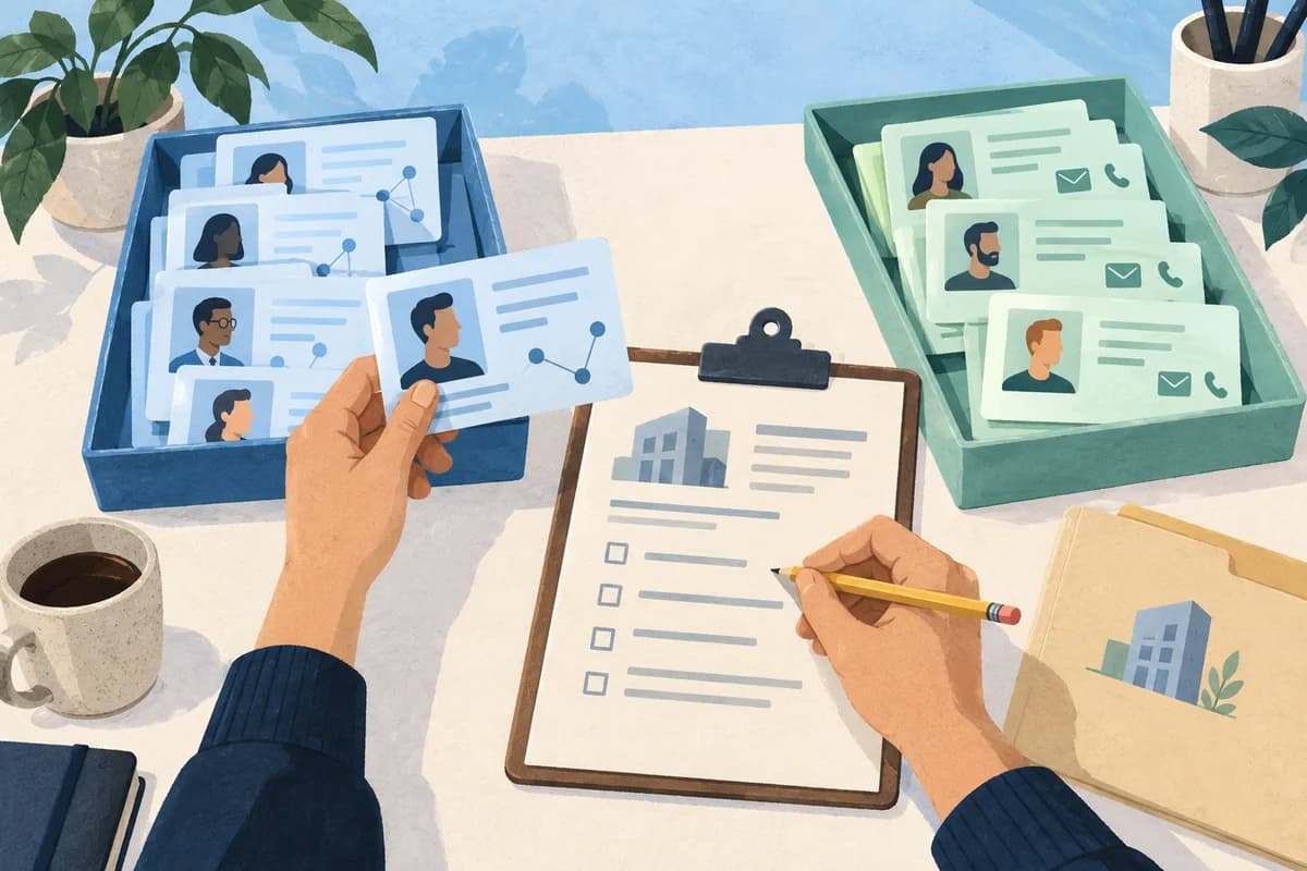 Hands reviewing profile research and contact-data files against a client brief