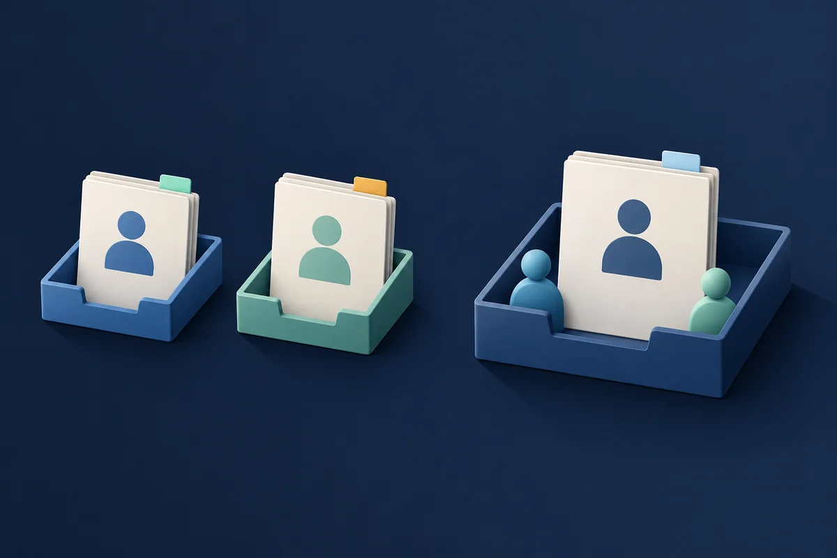 Two separate prospect research trays beside a shared dossier reviewed by two team members
