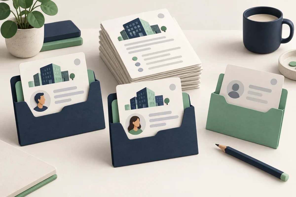 Shared research cards feeding separate message folders, with one folder held beside a review pencil