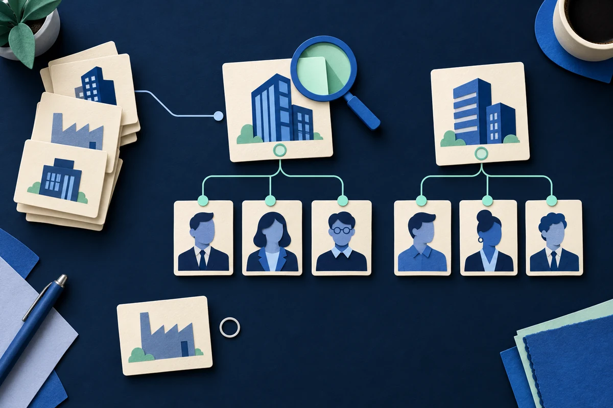 An illustration of company cards and employee cards, with one company being inspected through a magnifying glass