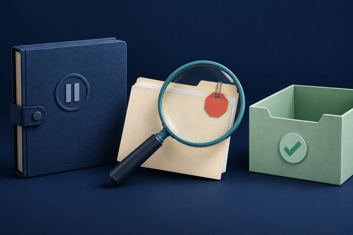 An illustration of a paused portfolio, a folder with a restriction tag under a magnifying glass, and a receiving box