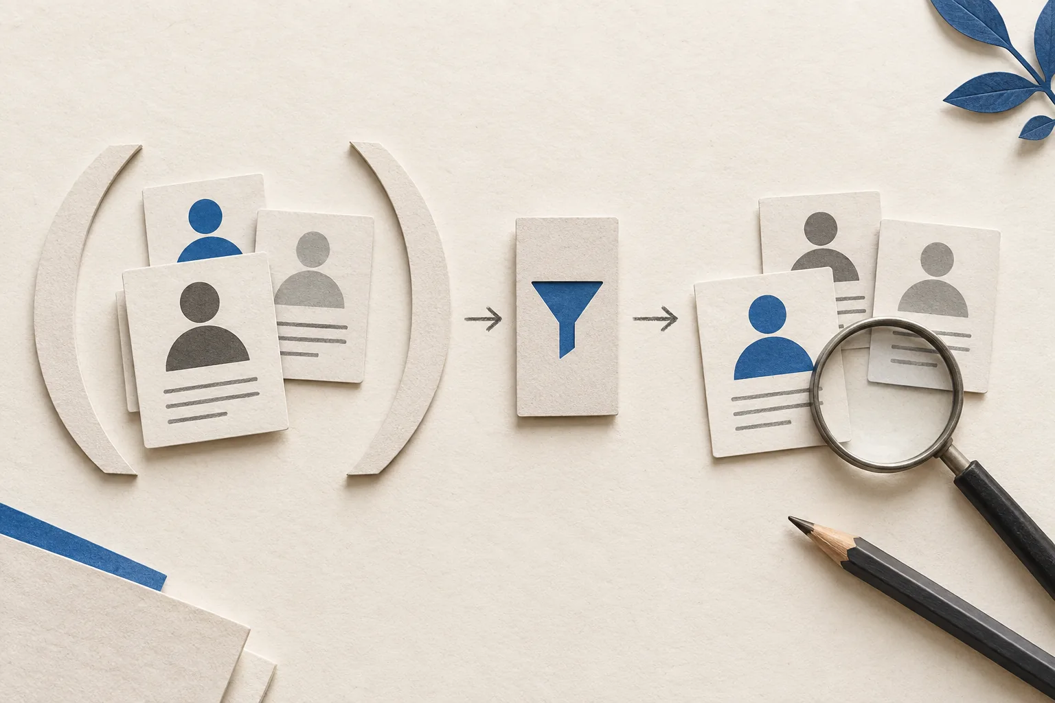 Paper profile cards sorted through grouped search criteria on a research desk, with a magnifying glass and pencil
